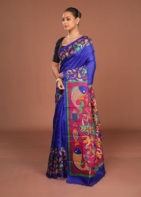 Blue Handloom Tussar Pure Silk Saree With Blouse Piece