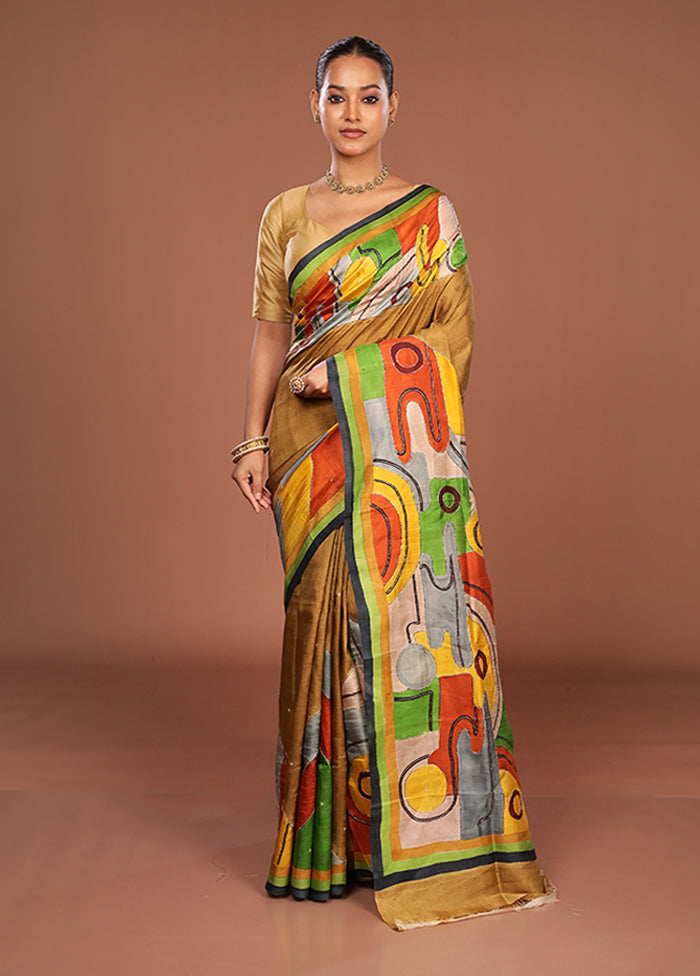 Multicolor Handloom Tussar Pure Silk Saree With Blouse Piece