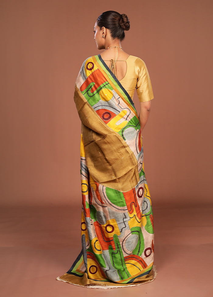 Multicolor Handloom Tussar Pure Silk Saree With Blouse Piece