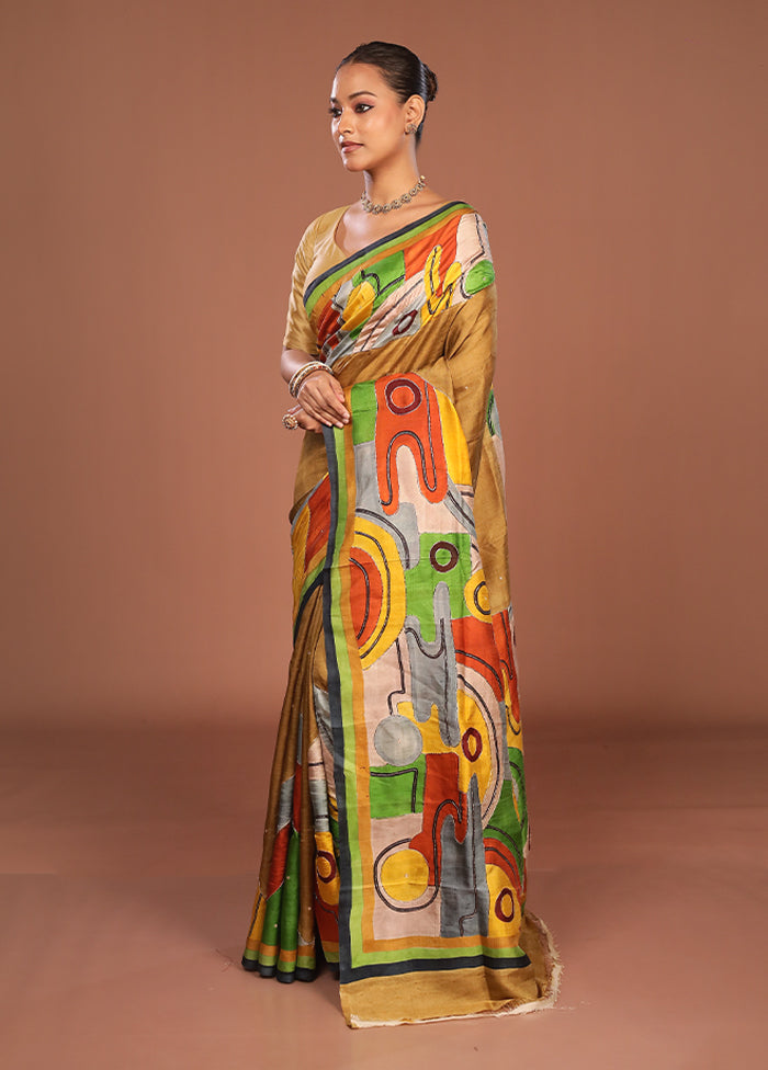 Multicolor Handloom Tussar Pure Silk Saree With Blouse Piece