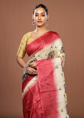 Cream Handloom Tussar Pure Silk Saree With Blouse Piece