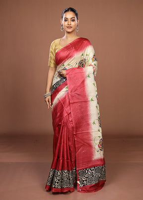 Cream Handloom Tussar Pure Silk Saree With Blouse Piece