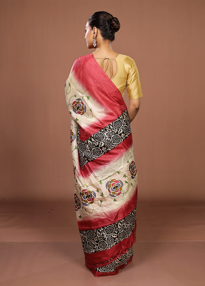 Cream Handloom Tussar Pure Silk Saree With Blouse Piece