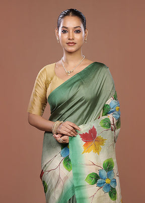 Cream Handloom Tussar Pure Silk Saree With Blouse Piece