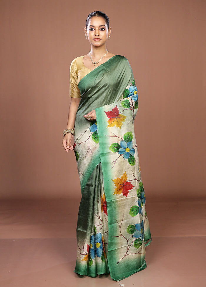 Cream Handloom Tussar Pure Silk Saree With Blouse Piece
