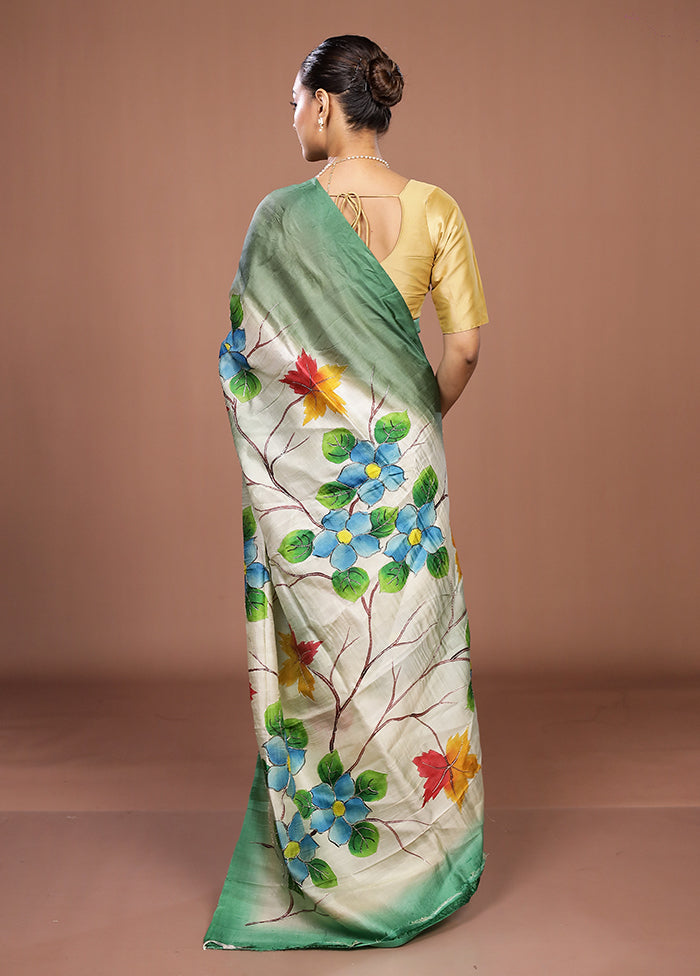 Cream Handloom Tussar Pure Silk Saree With Blouse Piece