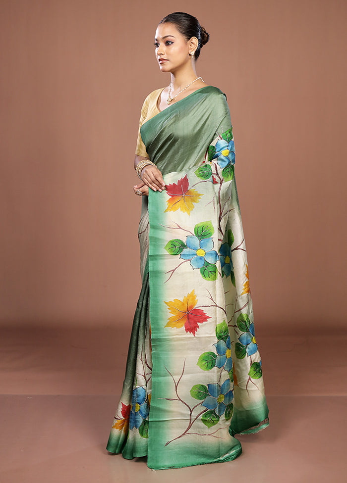 Cream Handloom Tussar Pure Silk Saree With Blouse Piece