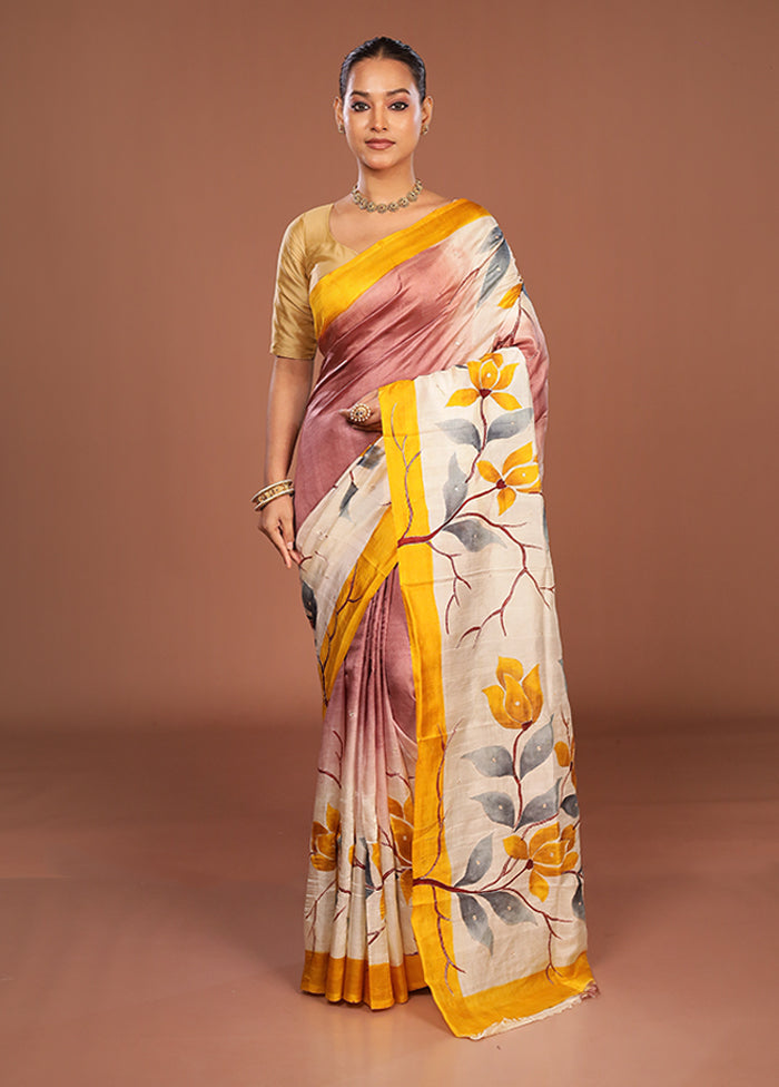 Cream Handloom Tussar Pure Silk Saree With Blouse Piece