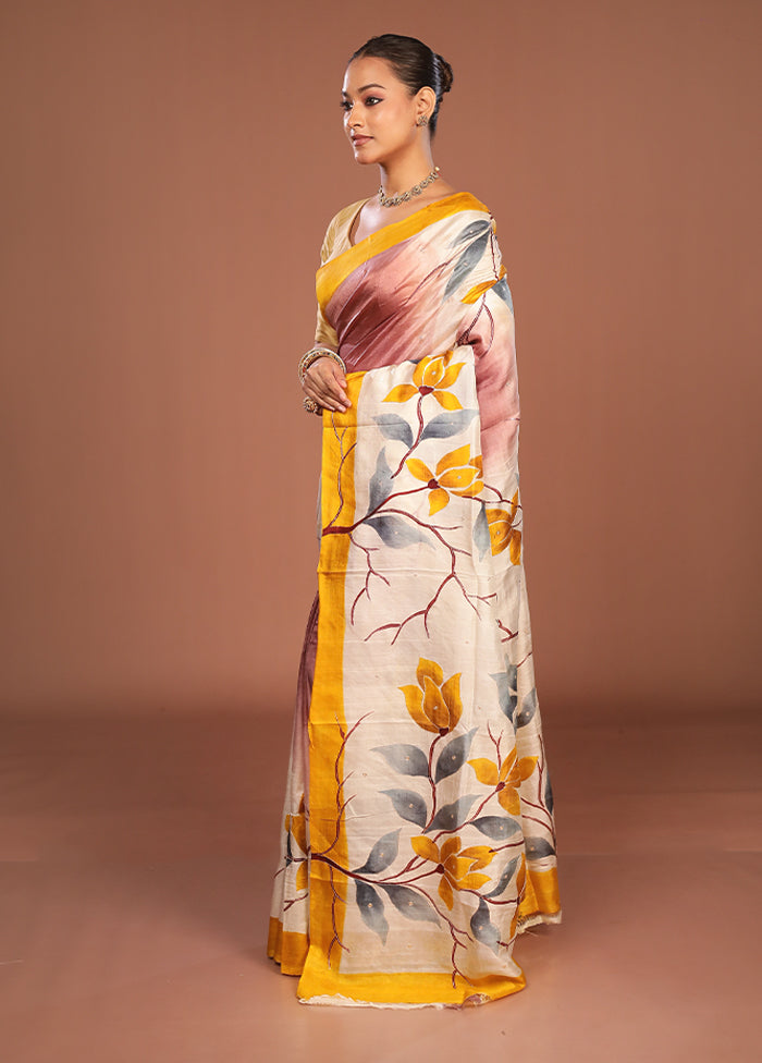 Cream Handloom Tussar Pure Silk Saree With Blouse Piece