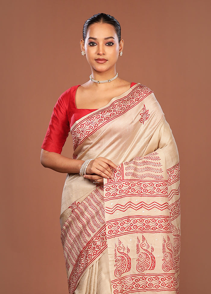 Cream Handloom Tussar Pure Silk Saree With Blouse Piece