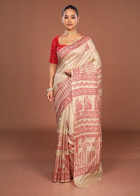 Cream Handloom Tussar Pure Silk Saree With Blouse Piece