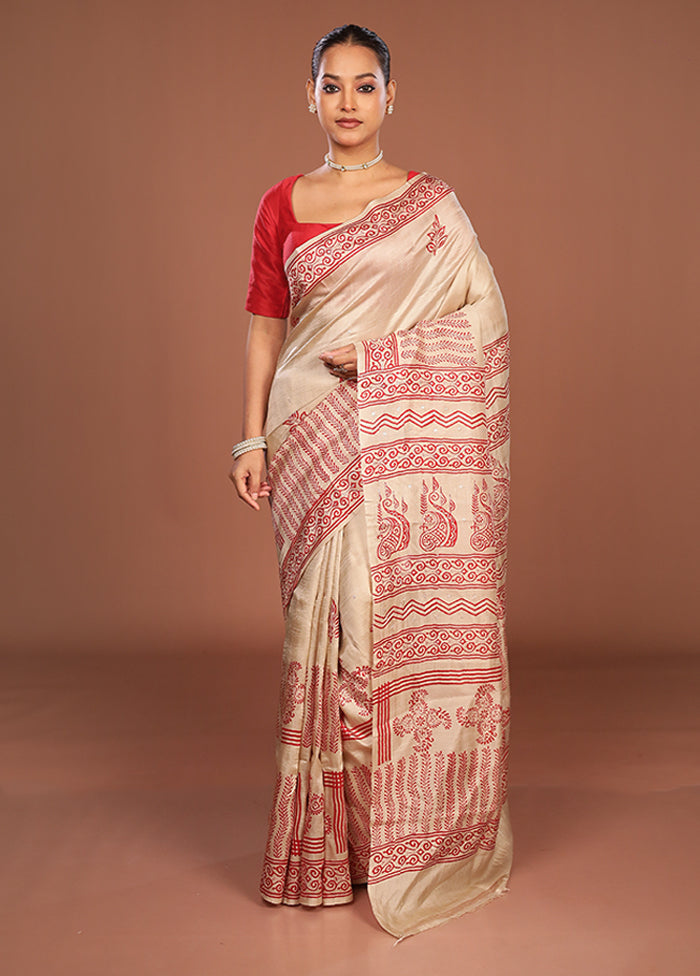 Cream Handloom Tussar Pure Silk Saree With Blouse Piece