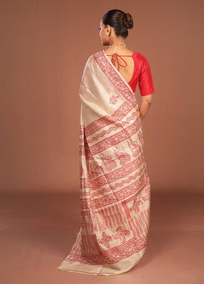 Cream Handloom Tussar Pure Silk Saree With Blouse Piece