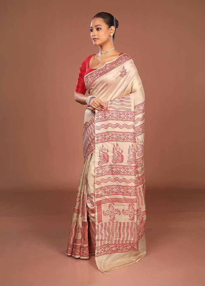 Cream Handloom Tussar Pure Silk Saree With Blouse Piece