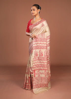 Cream Handloom Tussar Pure Silk Saree With Blouse Piece