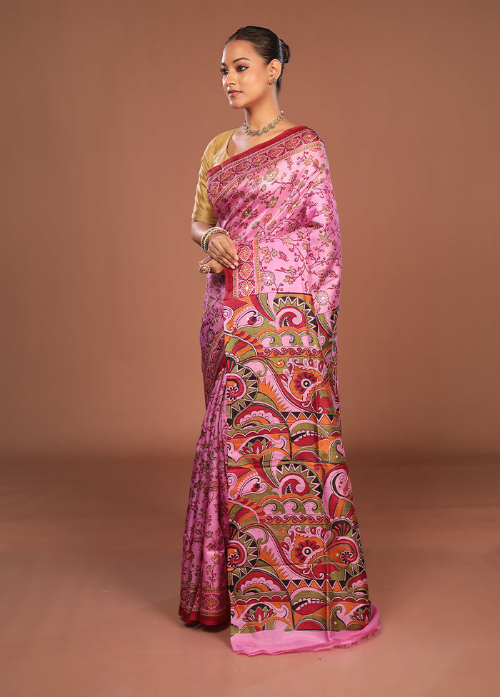 Pink Handloom Tussar Pure Silk Saree With Blouse Piece