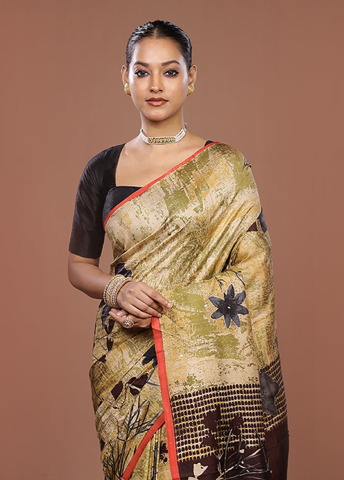 Green Handloom Tussar Pure Silk Saree With Blouse Piece