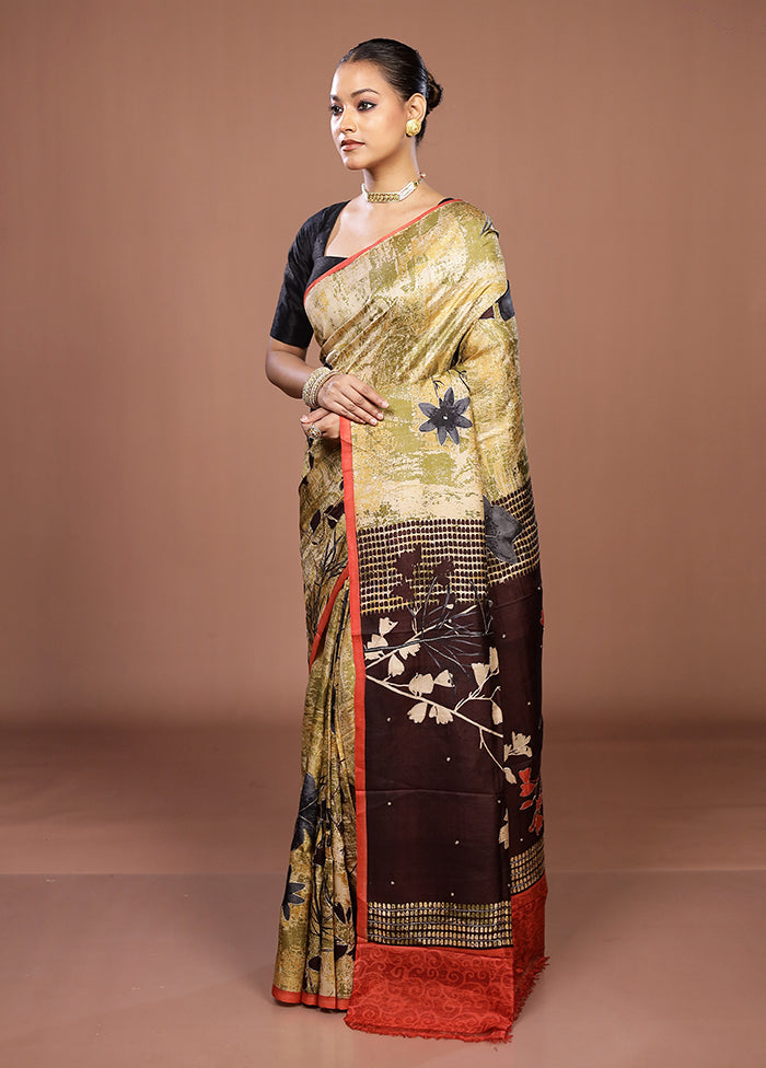 Green Handloom Tussar Pure Silk Saree With Blouse Piece