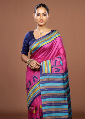 Pink Handloom Tussar Pure Silk Saree With Blouse Piece