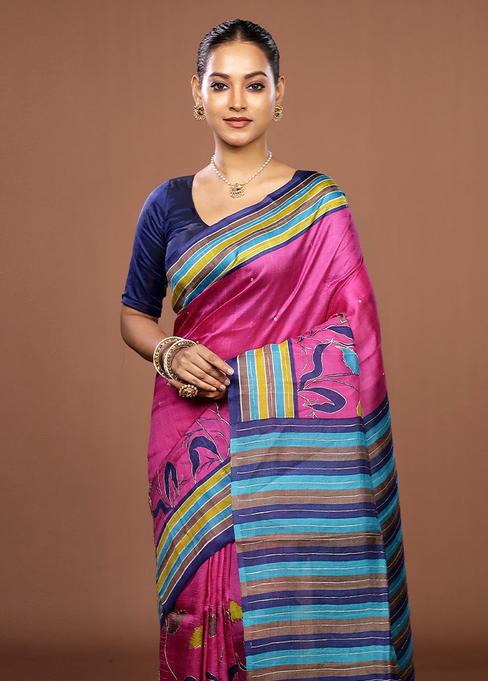 Pink Handloom Tussar Pure Silk Saree With Blouse Piece