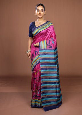 Pink Handloom Tussar Pure Silk Saree With Blouse Piece