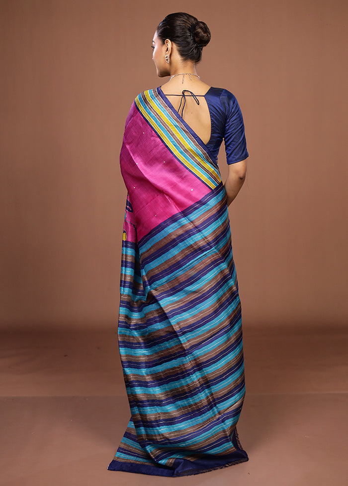 Pink Handloom Tussar Pure Silk Saree With Blouse Piece