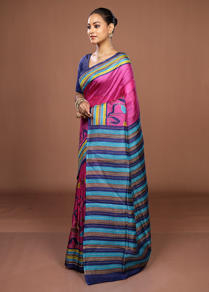 Pink Handloom Tussar Pure Silk Saree With Blouse Piece