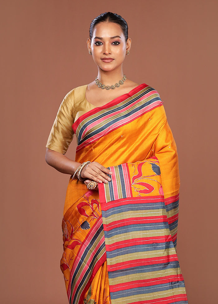 Yellow Handloom Tussar Pure Silk Saree With Blouse Piece
