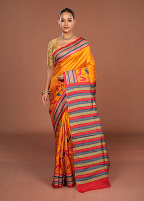 Yellow Handloom Tussar Pure Silk Saree With Blouse Piece