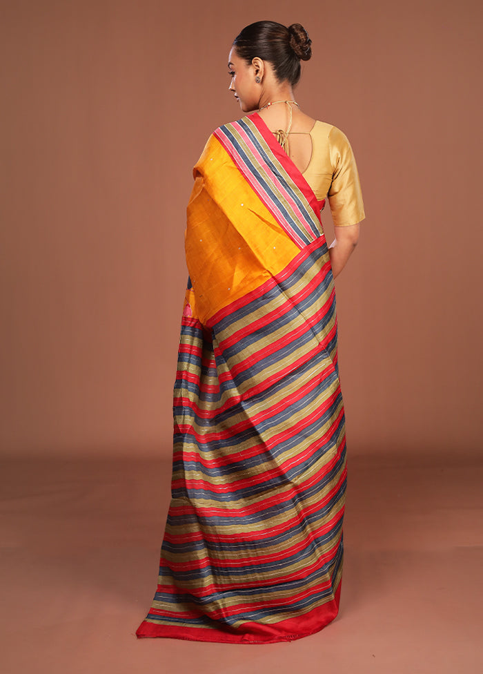 Yellow Handloom Tussar Pure Silk Saree With Blouse Piece