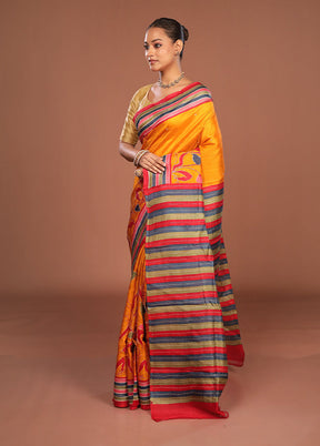 Yellow Handloom Tussar Pure Silk Saree With Blouse Piece