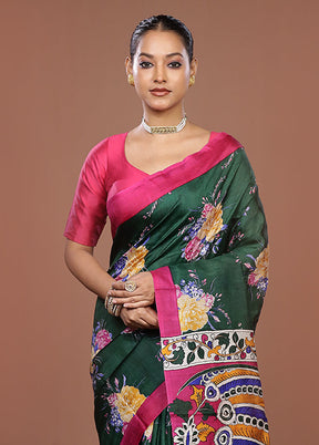 Green Handloom Tussar Pure Silk Saree With Blouse Piece