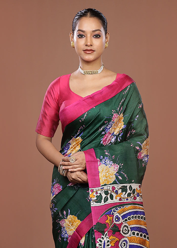 Green Handloom Tussar Pure Silk Saree With Blouse Piece