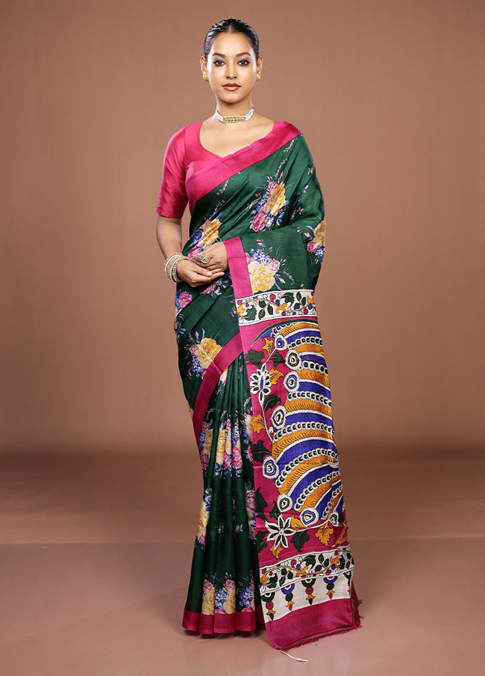 Green Handloom Tussar Pure Silk Saree With Blouse Piece