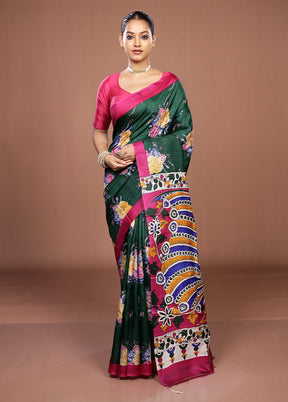 Green Handloom Tussar Pure Silk Saree With Blouse Piece