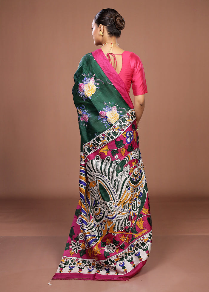 Green Handloom Tussar Pure Silk Saree With Blouse Piece