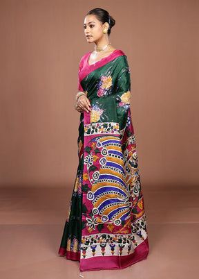 Green Handloom Tussar Pure Silk Saree With Blouse Piece