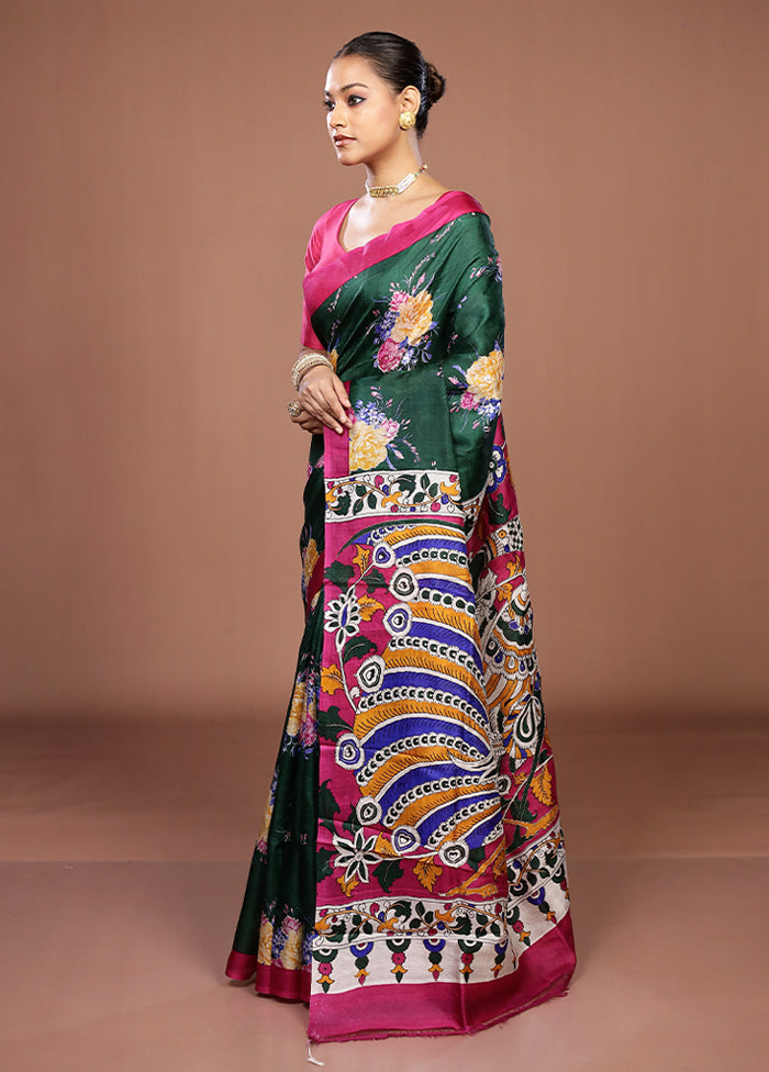 Green Handloom Tussar Pure Silk Saree With Blouse Piece