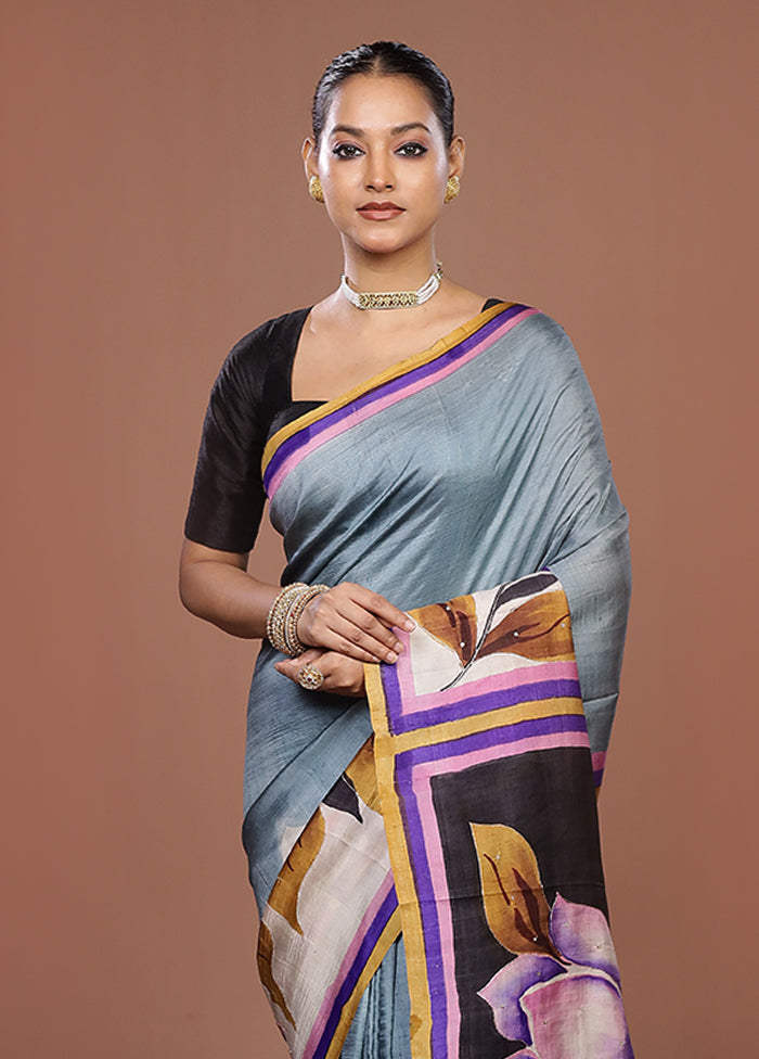 Black Handloom Tussar Pure Silk Saree With Blouse Piece