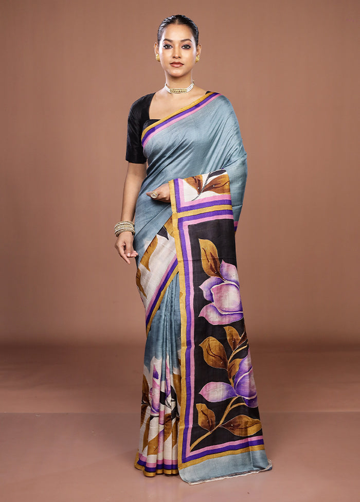 Black Handloom Tussar Pure Silk Saree With Blouse Piece