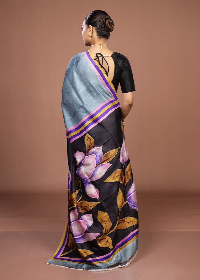 Black Handloom Tussar Pure Silk Saree With Blouse Piece