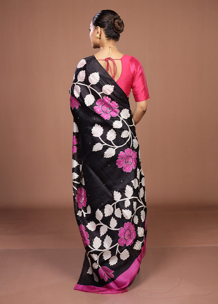 Black Handloom Tussar Pure Silk Saree With Blouse Piece