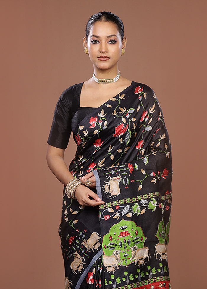 Black Handloom Tussar Pure Silk Saree With Blouse Piece