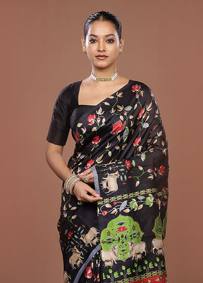 Black Handloom Tussar Pure Silk Saree With Blouse Piece
