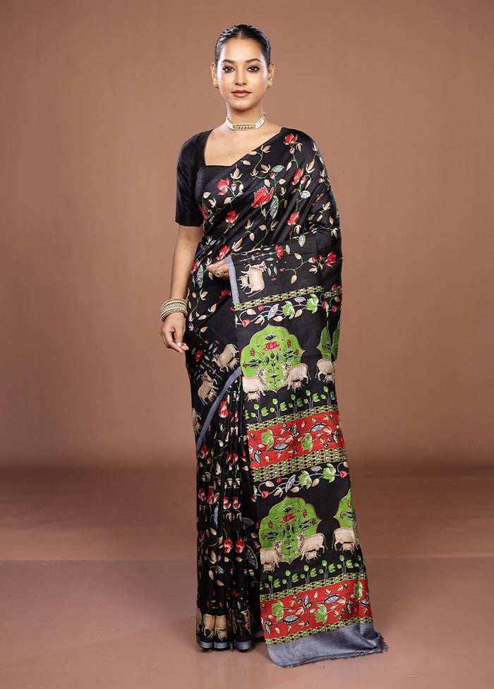 Black Handloom Tussar Pure Silk Saree With Blouse Piece