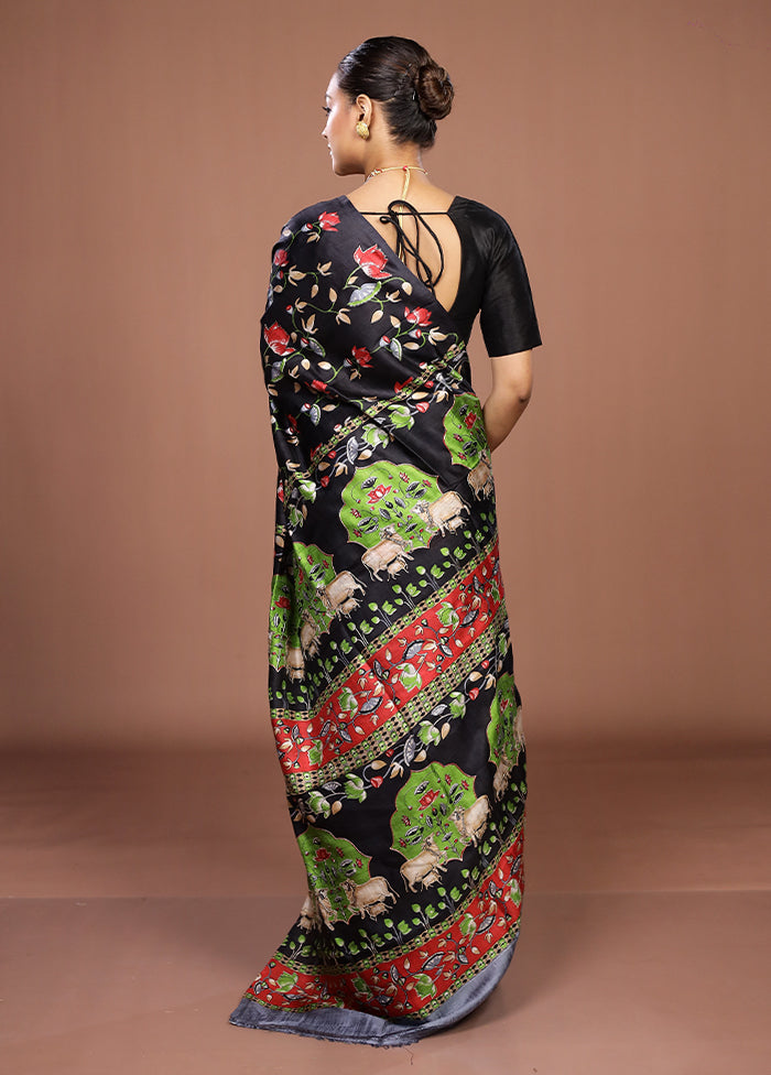 Black Handloom Tussar Pure Silk Saree With Blouse Piece