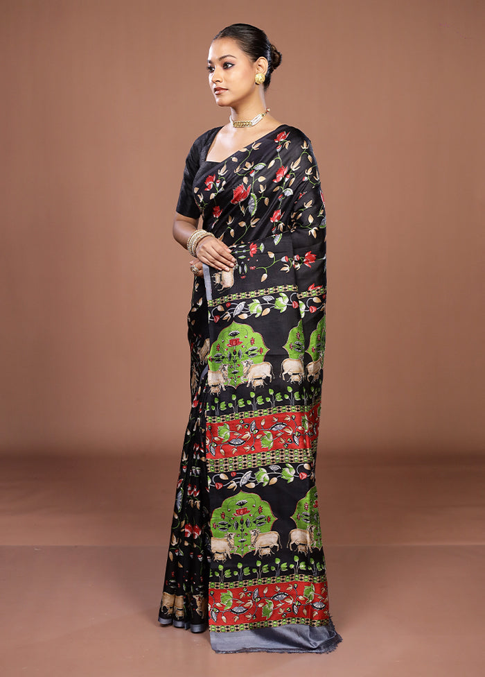 Black Handloom Tussar Pure Silk Saree With Blouse Piece