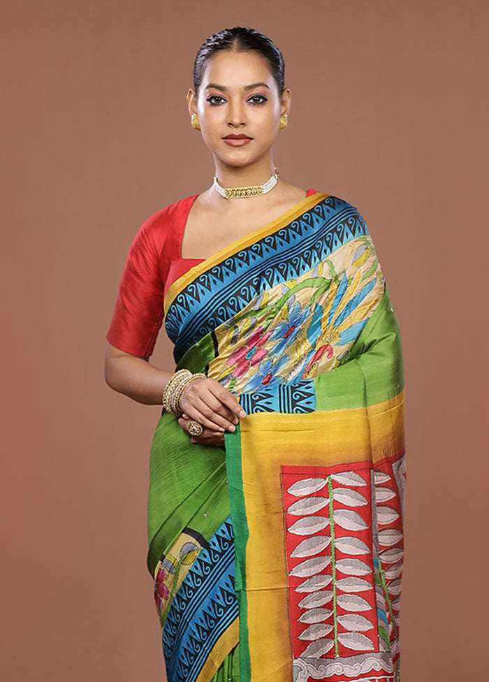 Multicolor Handloom Tussar Pure Silk Saree With Blouse Piece