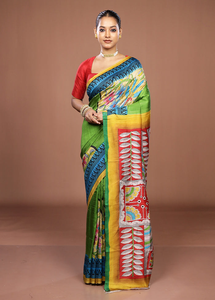 Multicolor Handloom Tussar Pure Silk Saree With Blouse Piece