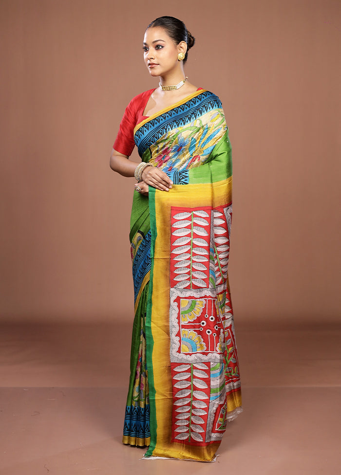 Multicolor Handloom Tussar Pure Silk Saree With Blouse Piece